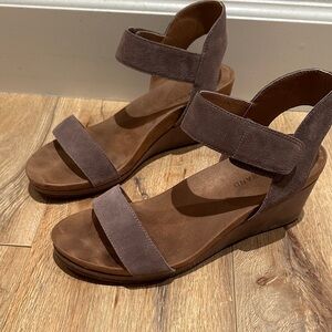 Women’s Taupe Suede Wedge Sandals - Comfortable Strappy Heel